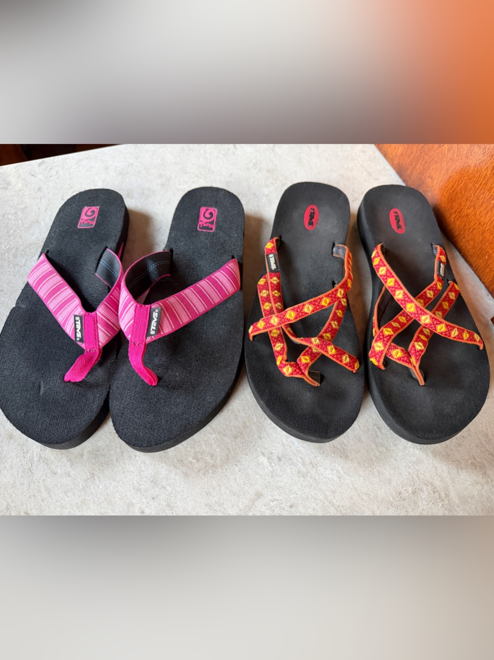 Teva Black Sandal Pair with Pink & Red Patterned Straps. 2 Pair.  Size 9.